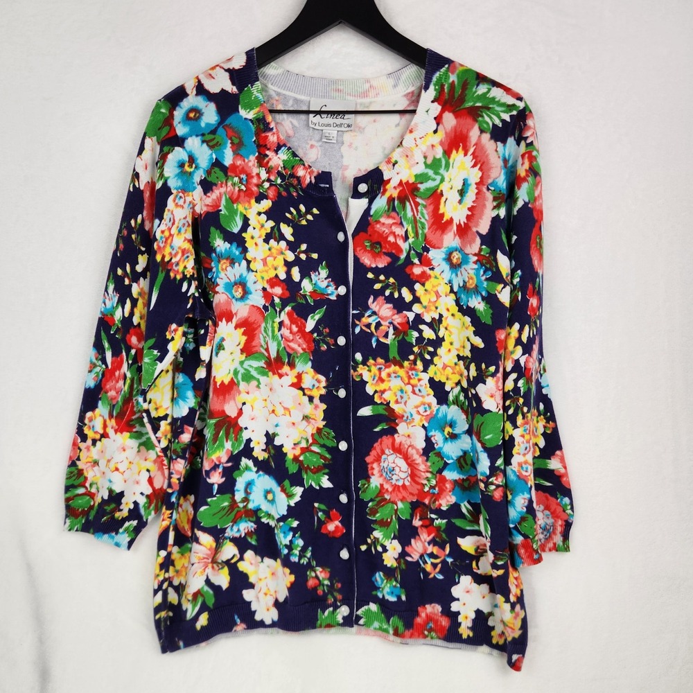 Linea by Louis Dell'Olio Cardigan Sweater Large Navy Floral Cotton Cottage Bold